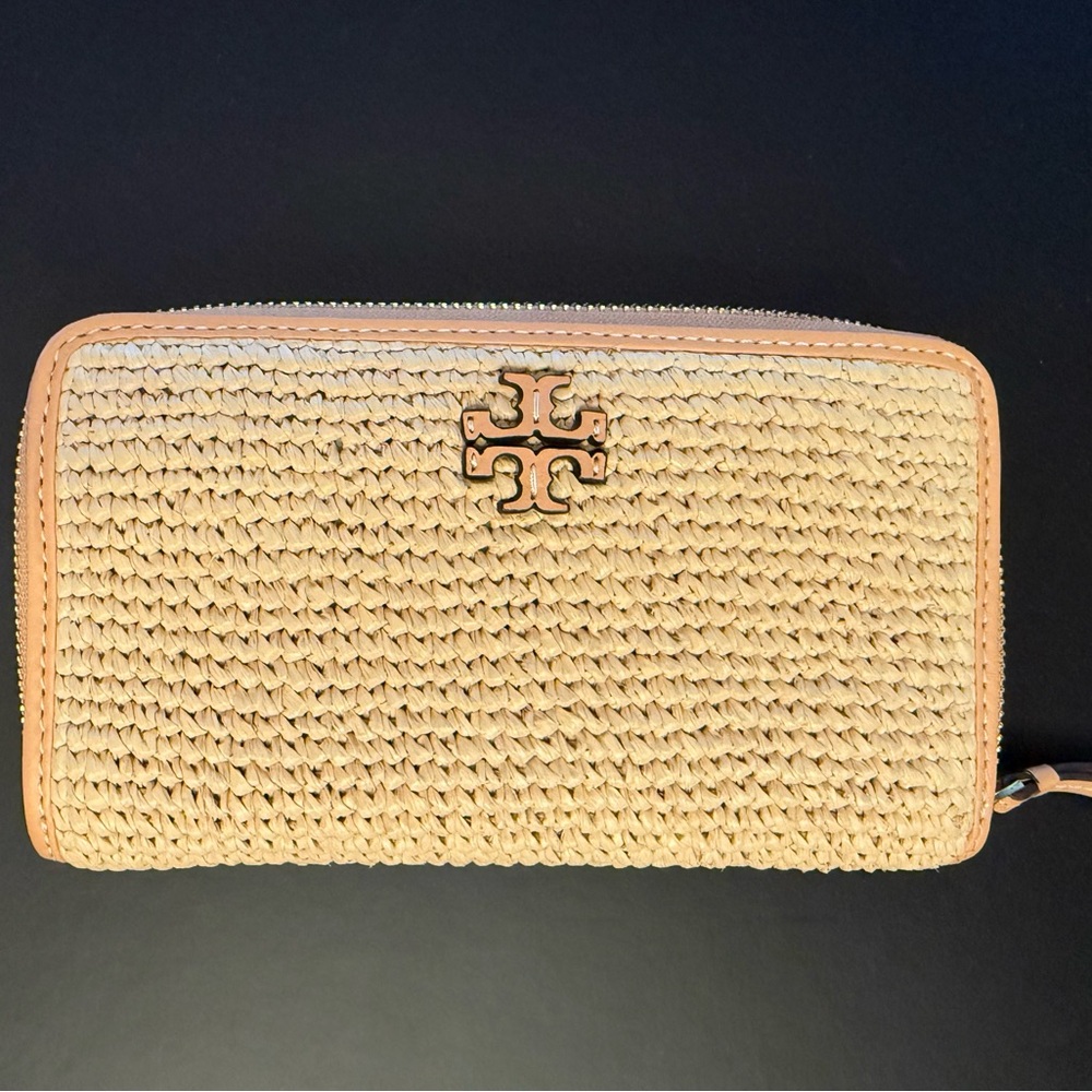 Tory Burch Tan Woven Wallet with Gold Logo